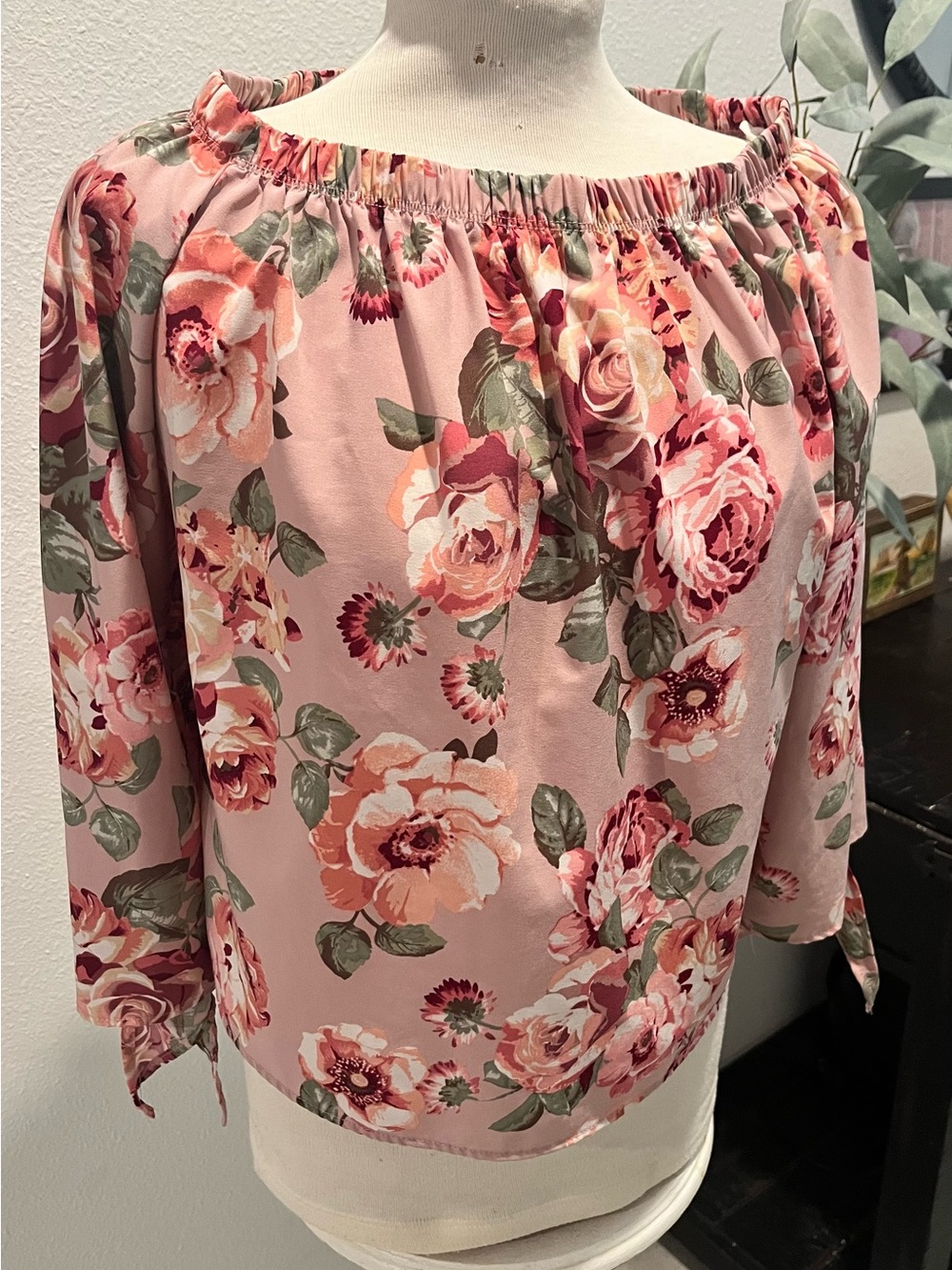 Blush Pink Floral Off-Shoulder Tie-Sleeve Blouse